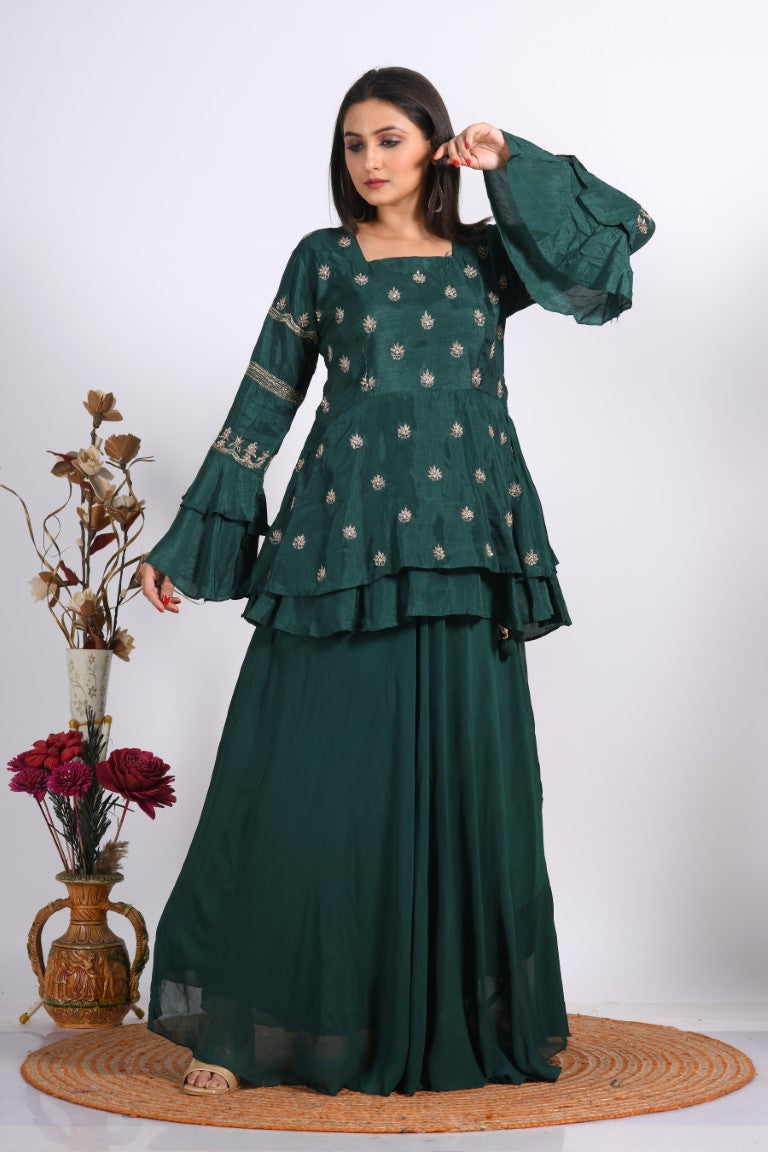 Morchari Long Jacket With Skirt & Hand Embroidery - Green - Distacart
