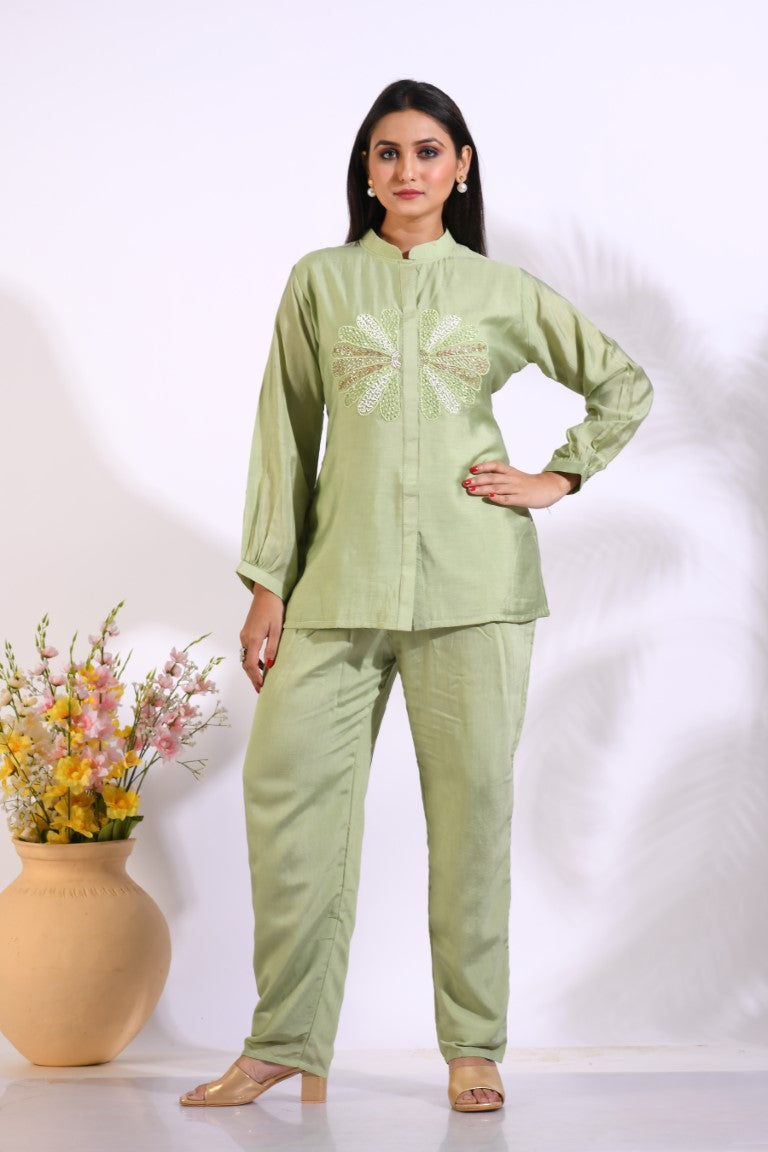 Morchari Co Ord Set With Hand Embroidery - Green - Distacart