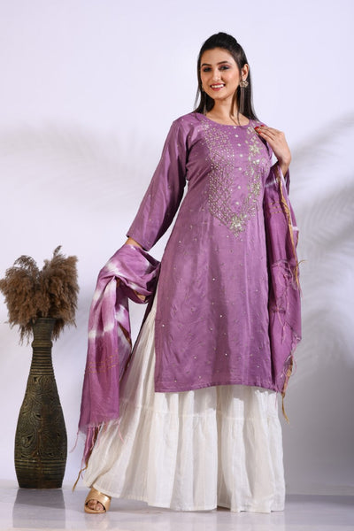 Morchari Palazzo With Long Pant & Dupatta With Hand Embroidery - Purple - Distacart