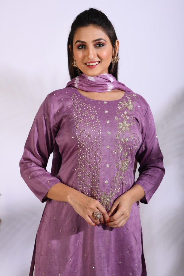 Morchari Palazzo With Long Pant & Dupatta With Hand Embroidery - Purple - Distacart