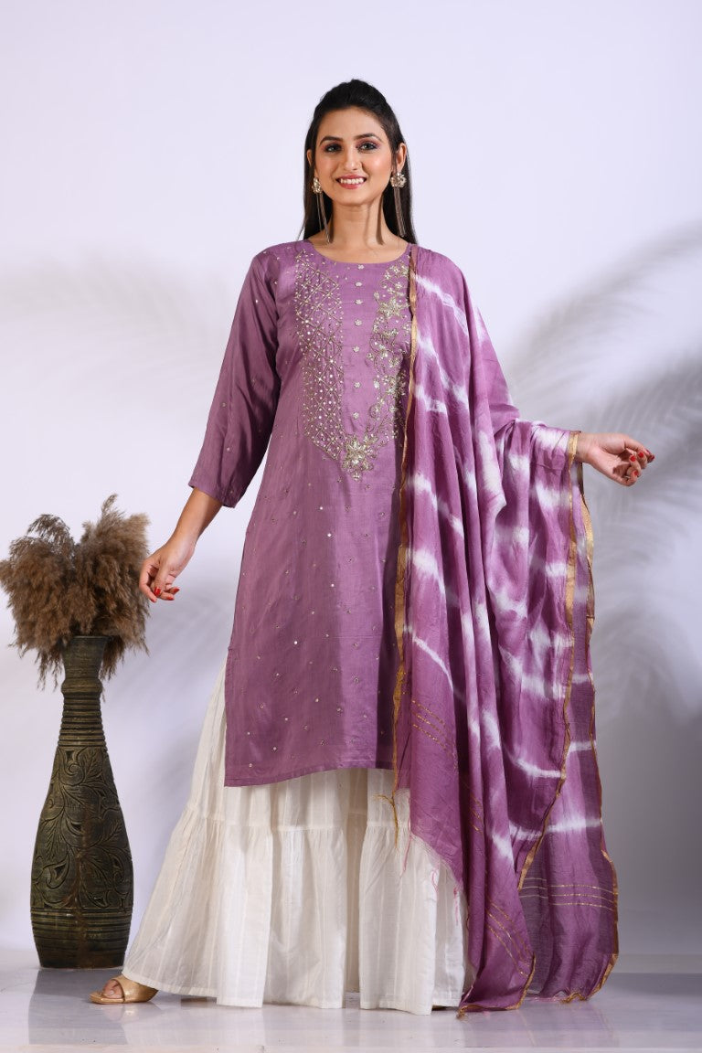 Morchari Palazzo With Long Pant & Dupatta With Hand Embroidery - Purple - Distacart