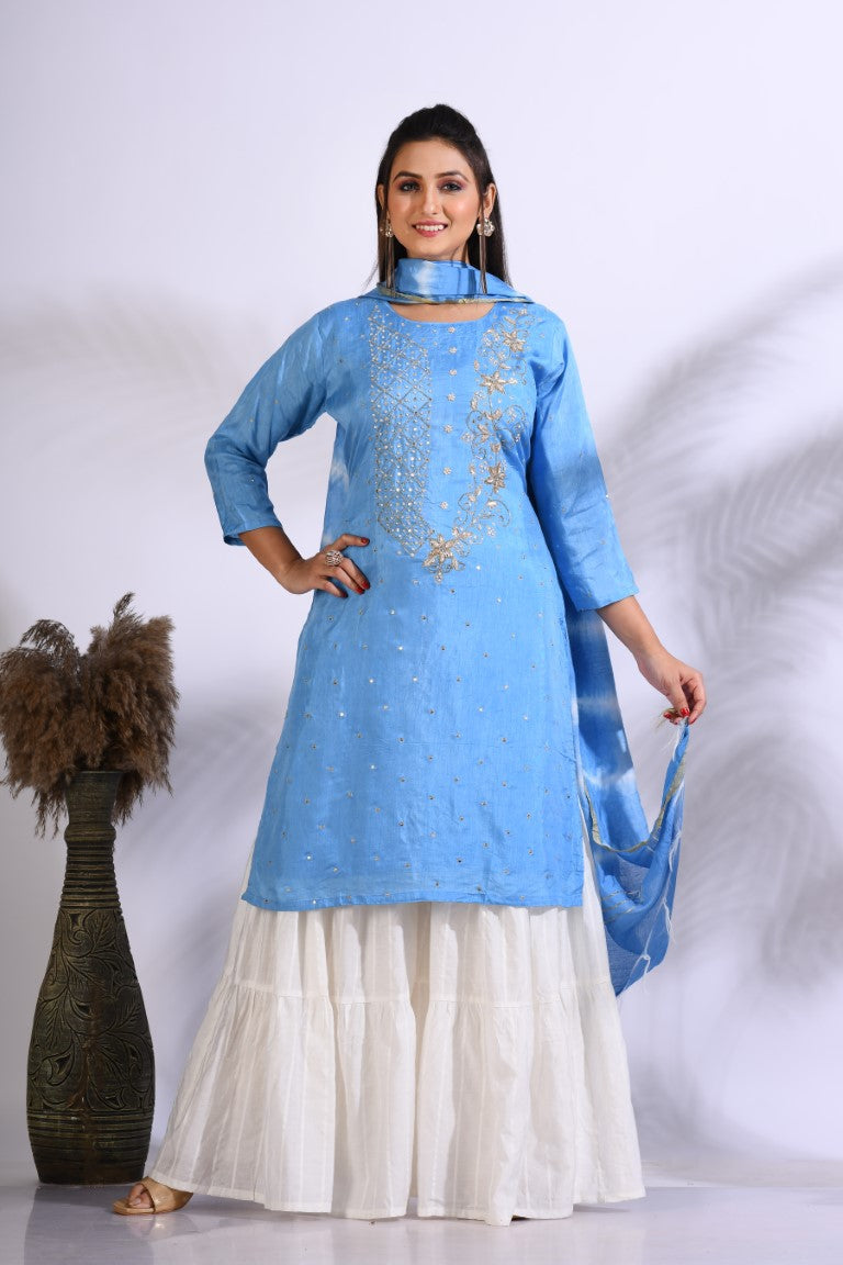 Morchari Palazzo With Long Pant & Dupatta With Hand Embroidery - Blue - Distacart