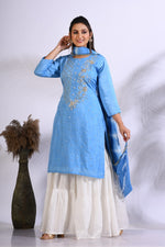 Thumbnail for Morchari Palazzo With Long Pant & Dupatta With Hand Embroidery - Blue - Distacart