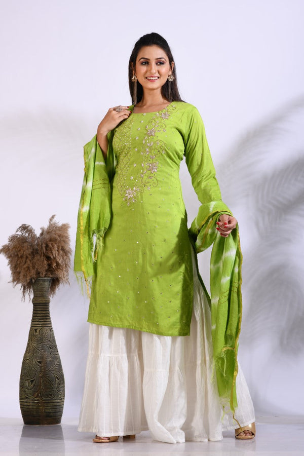 Morchari Palazzo With Long Pant & Dupatta With Hand Embroidery - Green - Distacart