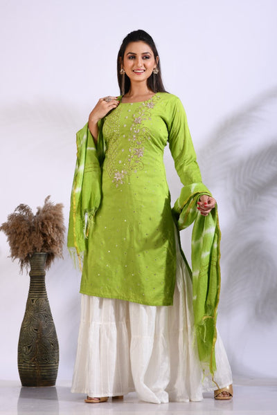 Morchari Palazzo With Long Pant & Dupatta With Hand Embroidery - Green - Distacart