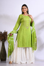 Thumbnail for Morchari Palazzo With Long Pant & Dupatta With Hand Embroidery - Green - Distacart