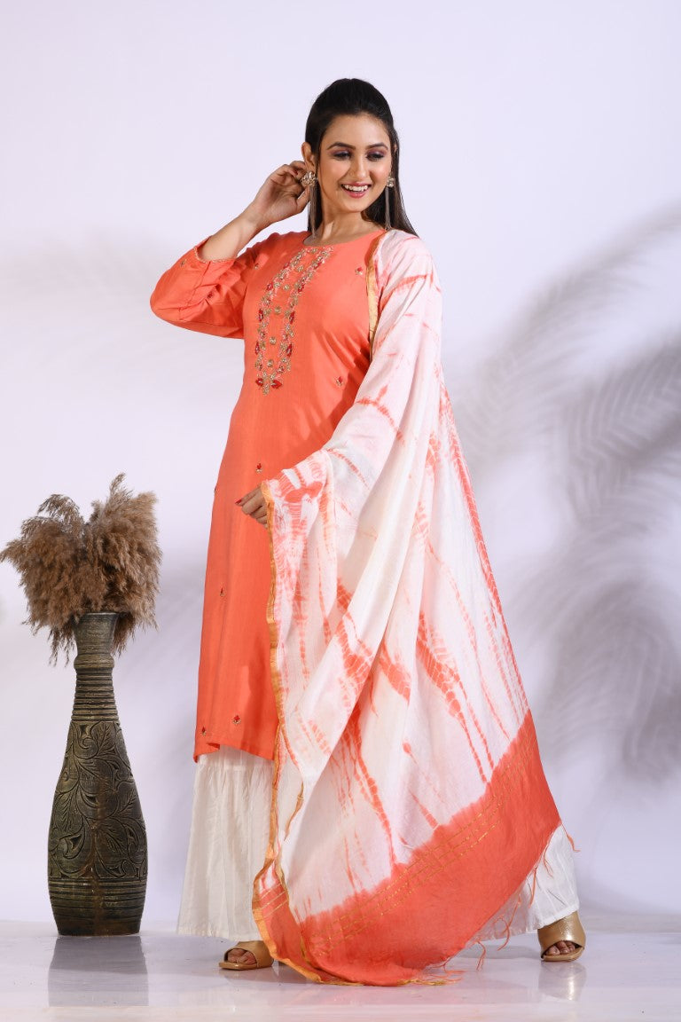 Morchari Palazzo With Long Pant & Dupatta With Hand Embroidery - Peach - Distacart