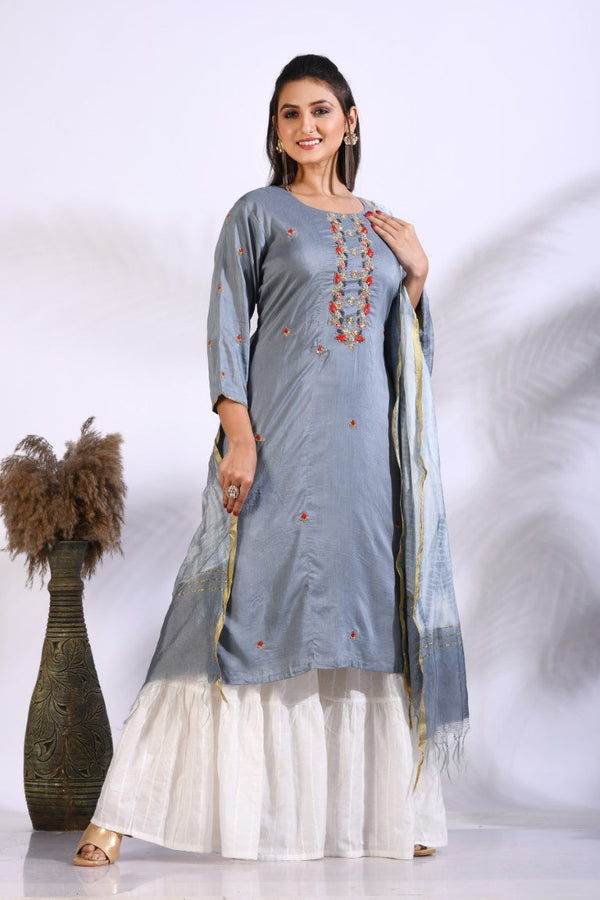 Morchari Palazzo With Long Pant & Dupatta With Hand Embroidery - Grey - Distacart