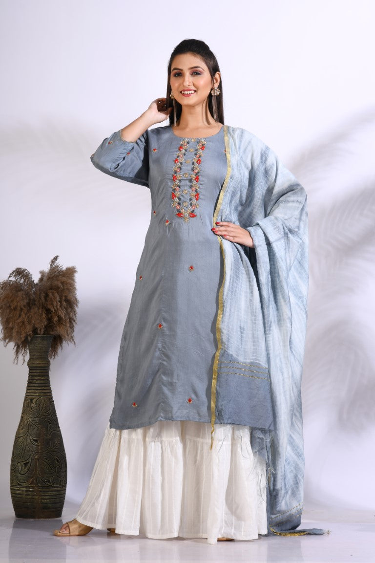 Morchari Palazzo With Long Pant & Dupatta With Hand Embroidery - Grey - Distacart