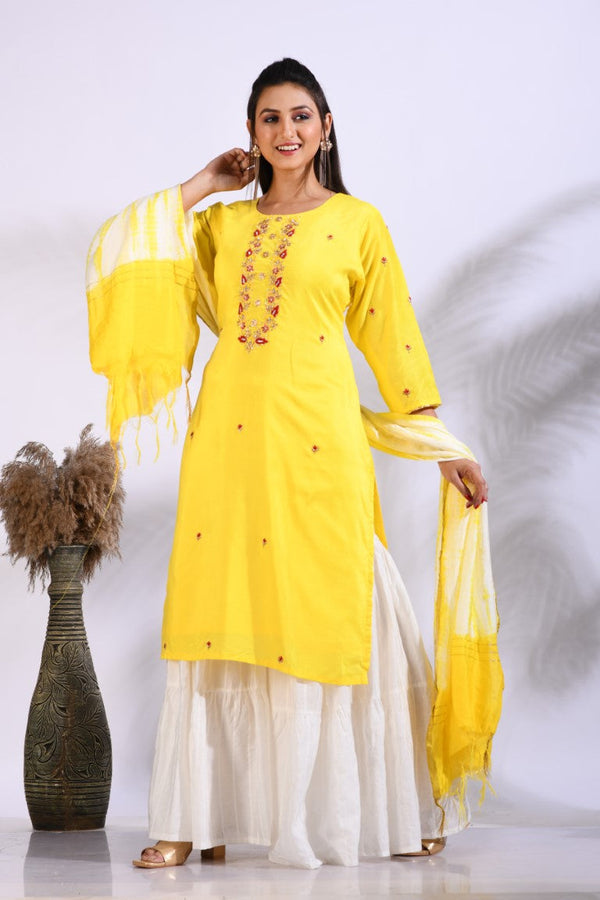 Morchari Palazzo With Long Pant & Dupatta With Hand Embroidery - Yellow - Distacart