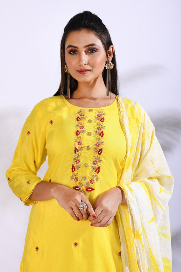 Morchari Palazzo With Long Pant & Dupatta With Hand Embroidery - Yellow - Distacart