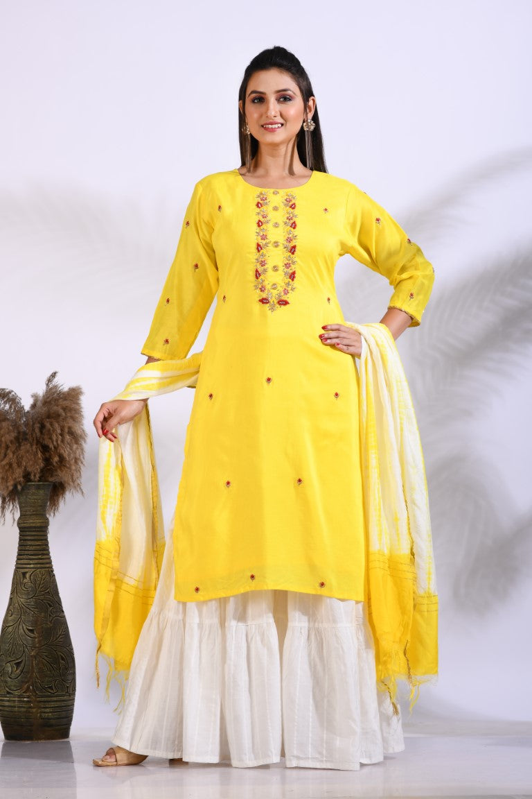Morchari Palazzo With Long Pant & Dupatta With Hand Embroidery - Yellow - Distacart