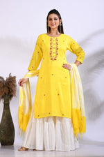 Thumbnail for Morchari Palazzo With Long Pant & Dupatta With Hand Embroidery - Yellow - Distacart