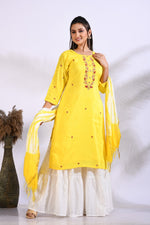 Thumbnail for Morchari Palazzo With Long Pant & Dupatta With Hand Embroidery - Yellow - Distacart