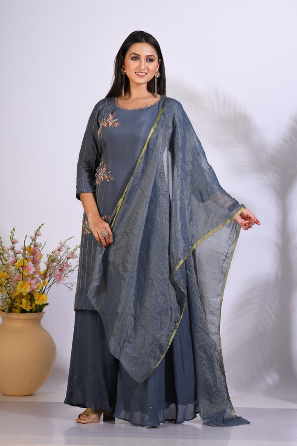 Morchari Palazzo With Long Pant & Dupatta With Hand Embroidery - Grey - Distacart