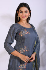 Thumbnail for Morchari Palazzo With Long Pant & Dupatta With Hand Embroidery - Grey - Distacart