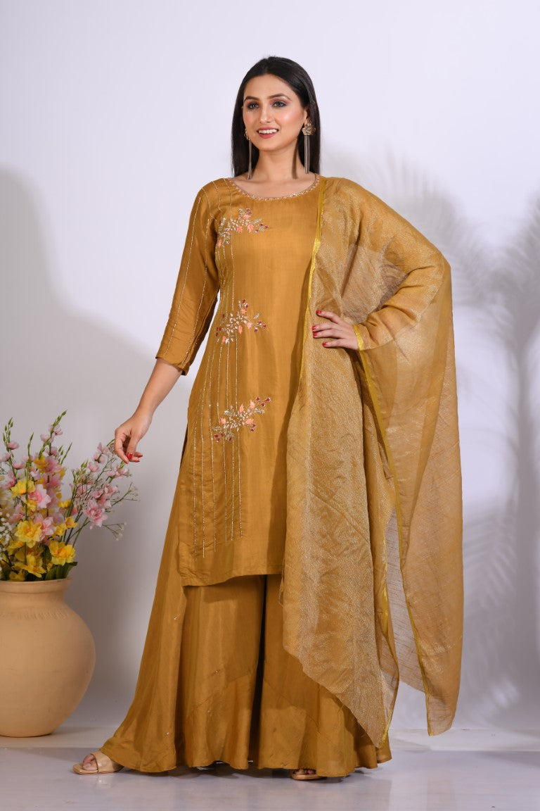 Morchari Palazzo With Long Pant & Dupatta With Hand Embroidery - Mehadi - Distacart