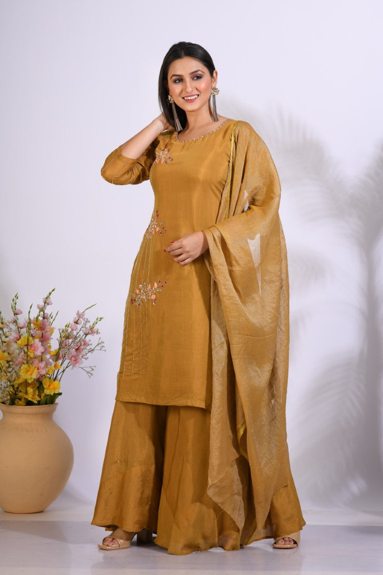 Morchari Palazzo With Long Pant & Dupatta With Hand Embroidery - Mehadi - Distacart