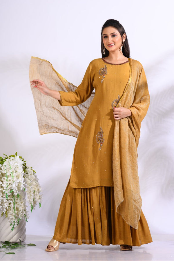 Morchari Sharara With Pant & Dupatta With Hand Embroidery - Mustard - Distacart