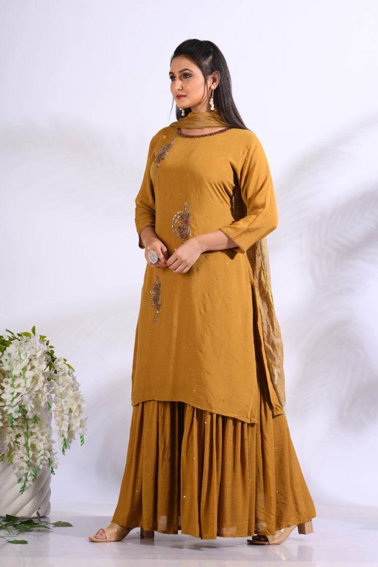 Morchari Sharara With Pant & Dupatta With Hand Embroidery - Mustard - Distacart