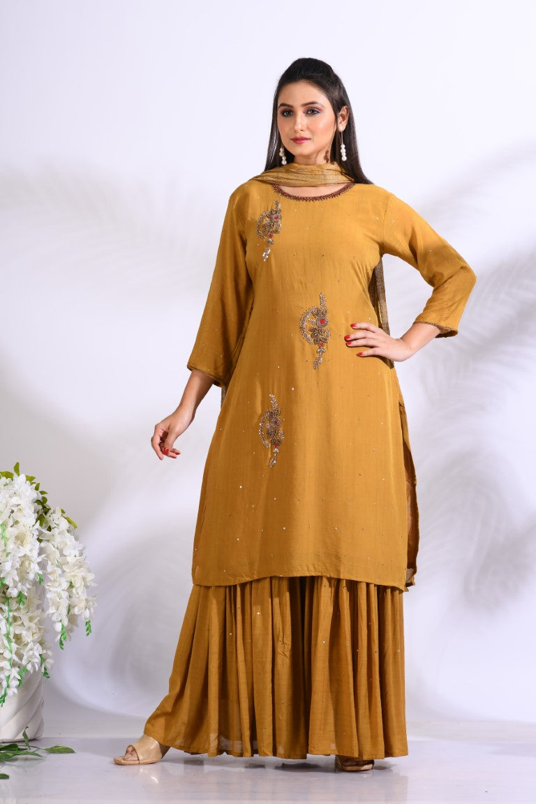Morchari Sharara With Pant & Dupatta With Hand Embroidery - Mustard - Distacart
