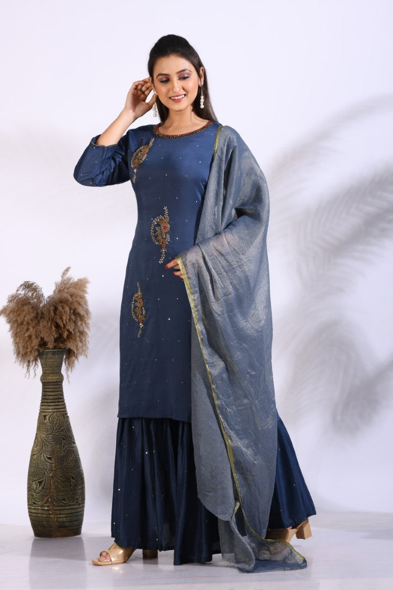 Morchari Sharara With Pant & Dupatta With Hand Embroidery - Blue - Distacart