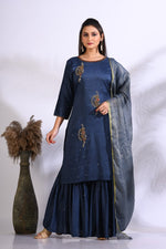Thumbnail for Morchari Sharara With Pant & Dupatta With Hand Embroidery - Blue - Distacart