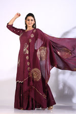 Thumbnail for Morchari Sharara With Pant & Dupatta With Hand Embroidery - Maroon - Distacart
