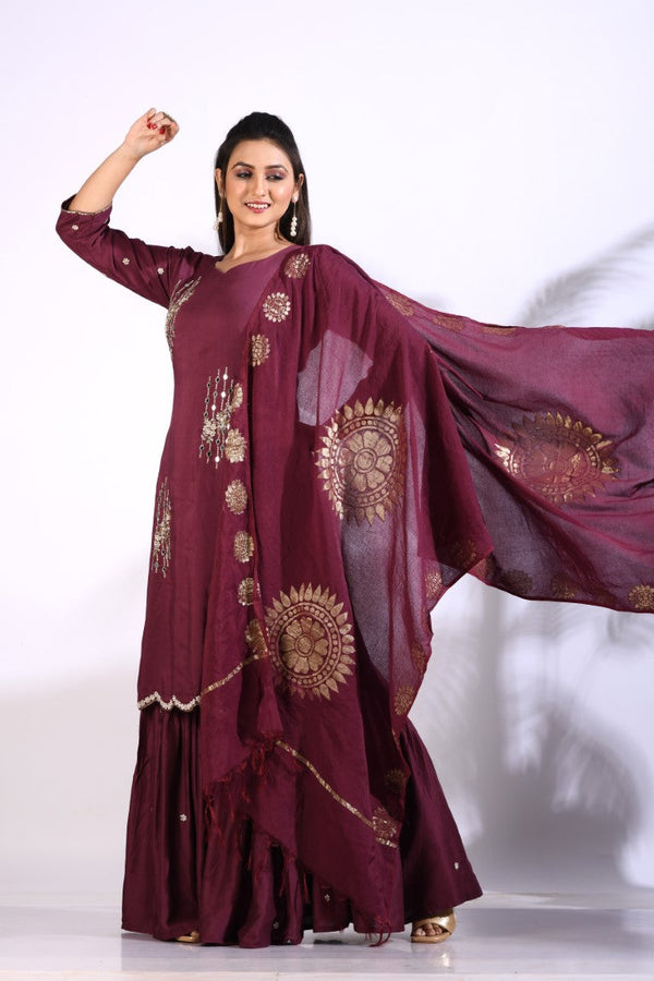 Morchari Sharara With Pant & Dupatta With Hand Embroidery - Maroon - Distacart