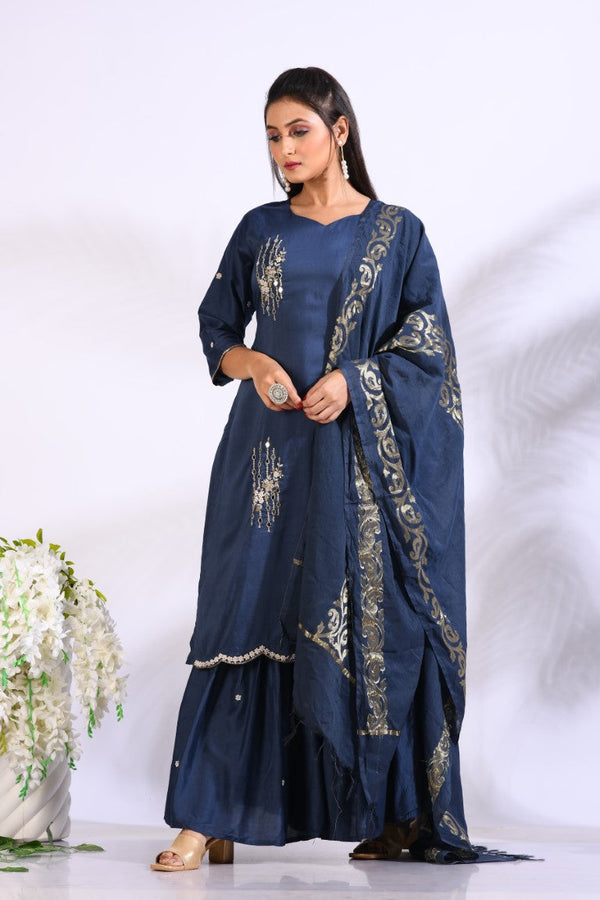 Morchari Sharara With Pant & Dupatta With Hand Embroidery - Blue - Distacart