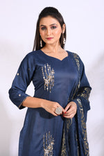 Thumbnail for Morchari Sharara With Pant & Dupatta With Hand Embroidery - Blue - Distacart