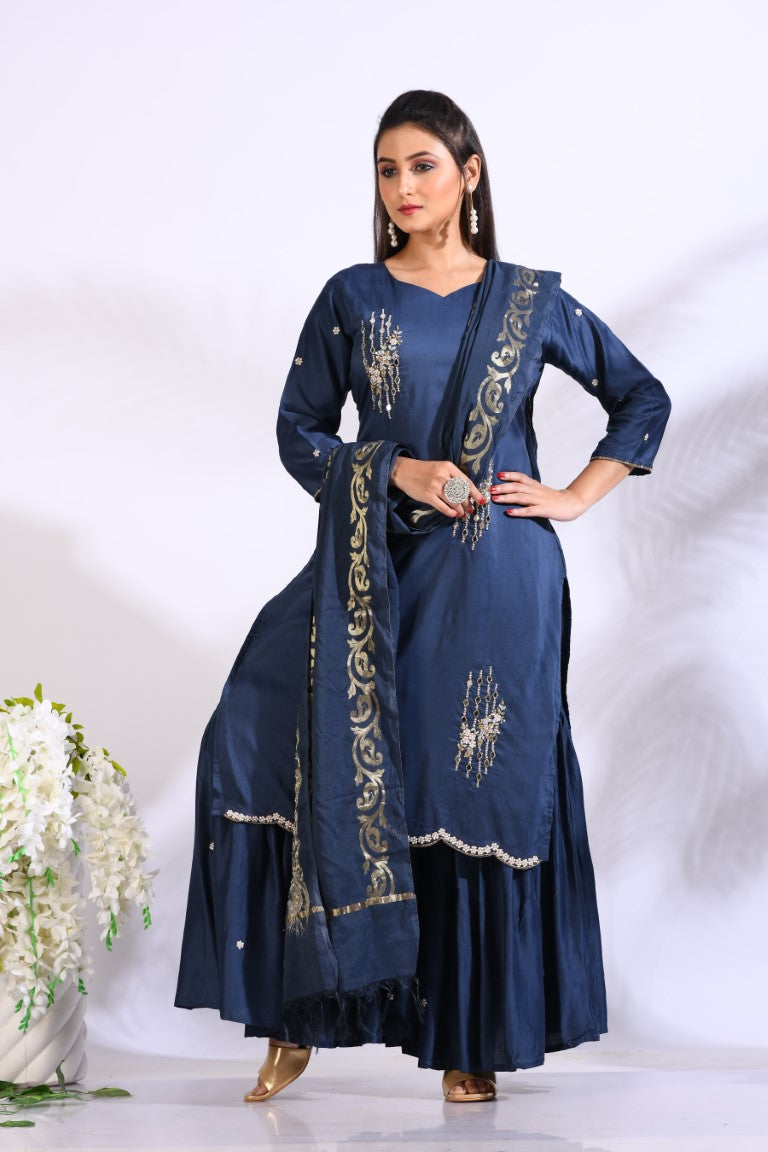 Morchari Sharara With Pant & Dupatta With Hand Embroidery - Blue - Distacart