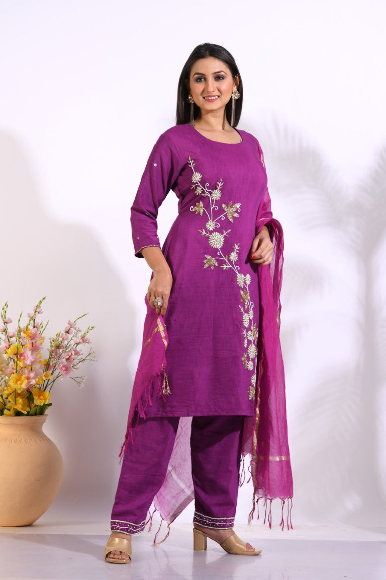 Morchari Long Top With Straight Paint & Hand Embroidery - Purple - Distacart