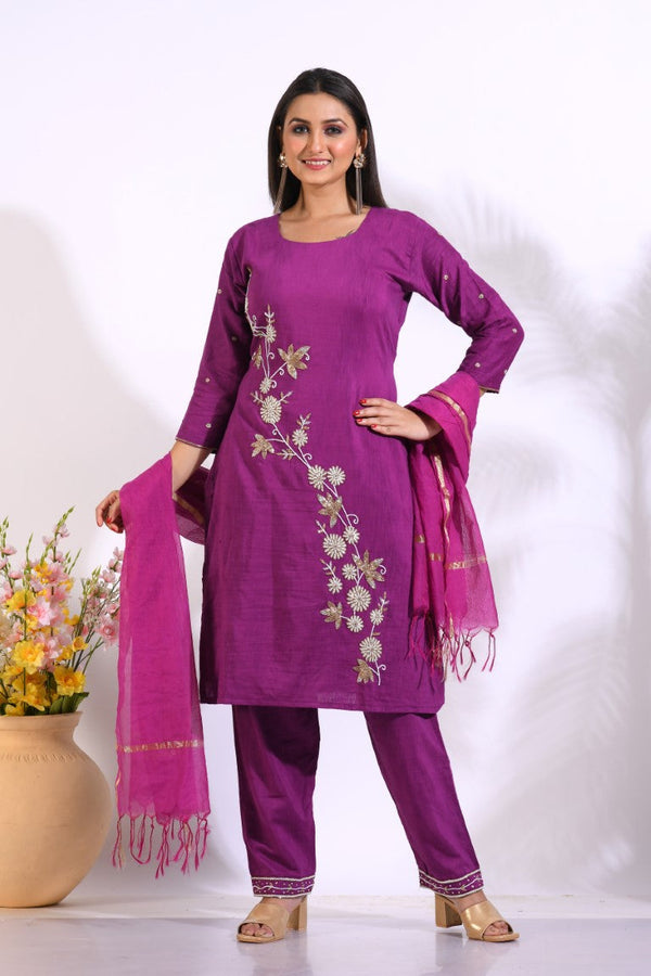Morchari Long Top With Straight Paint & Hand Embroidery - Purple - Distacart