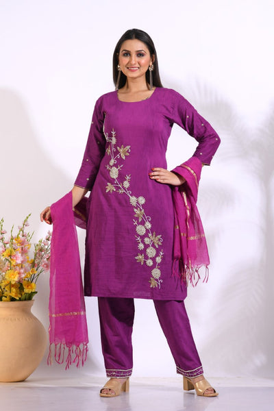 Morchari Long Top With Straight Paint & Hand Embroidery - Purple - Distacart