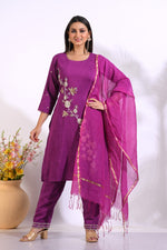 Thumbnail for Morchari Long Top With Straight Paint & Hand Embroidery - Purple - Distacart