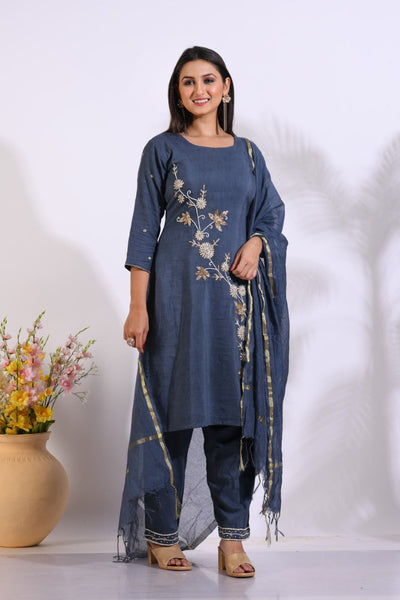 Morchari Long Top With Straight Paint & Hand Embroidery - Blue - Distacart