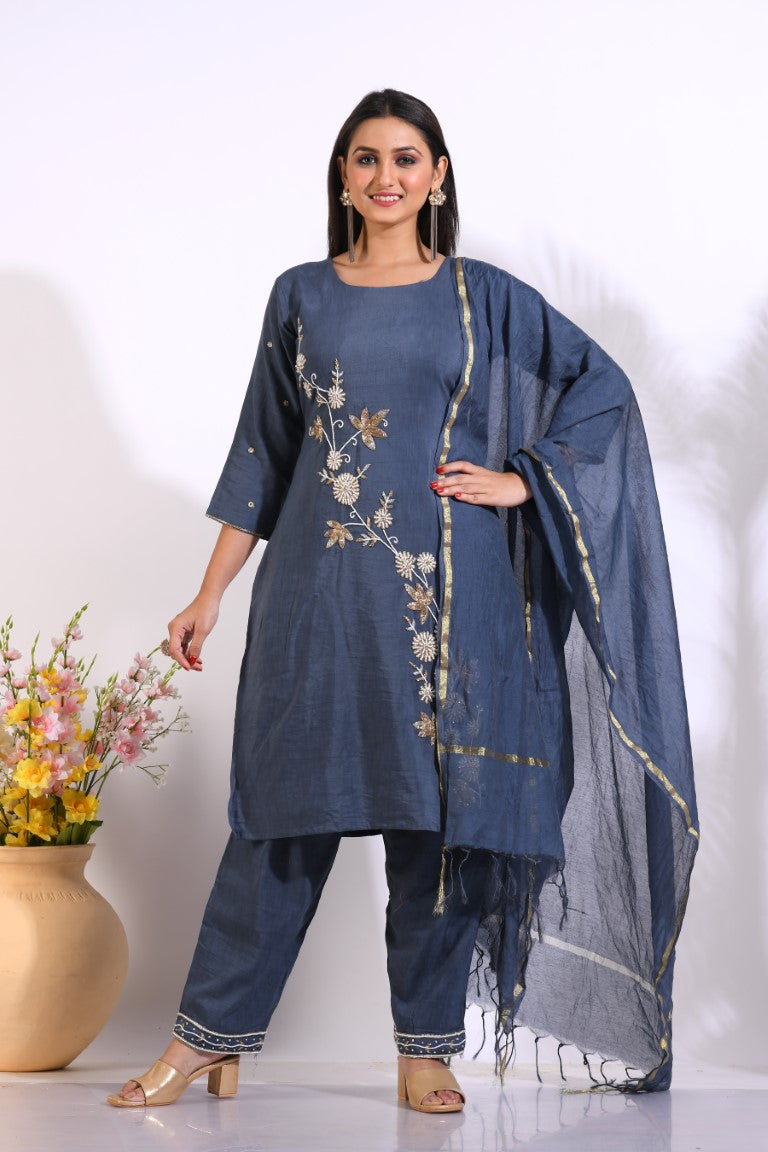 Morchari Long Top With Straight Paint & Hand Embroidery - Blue - Distacart