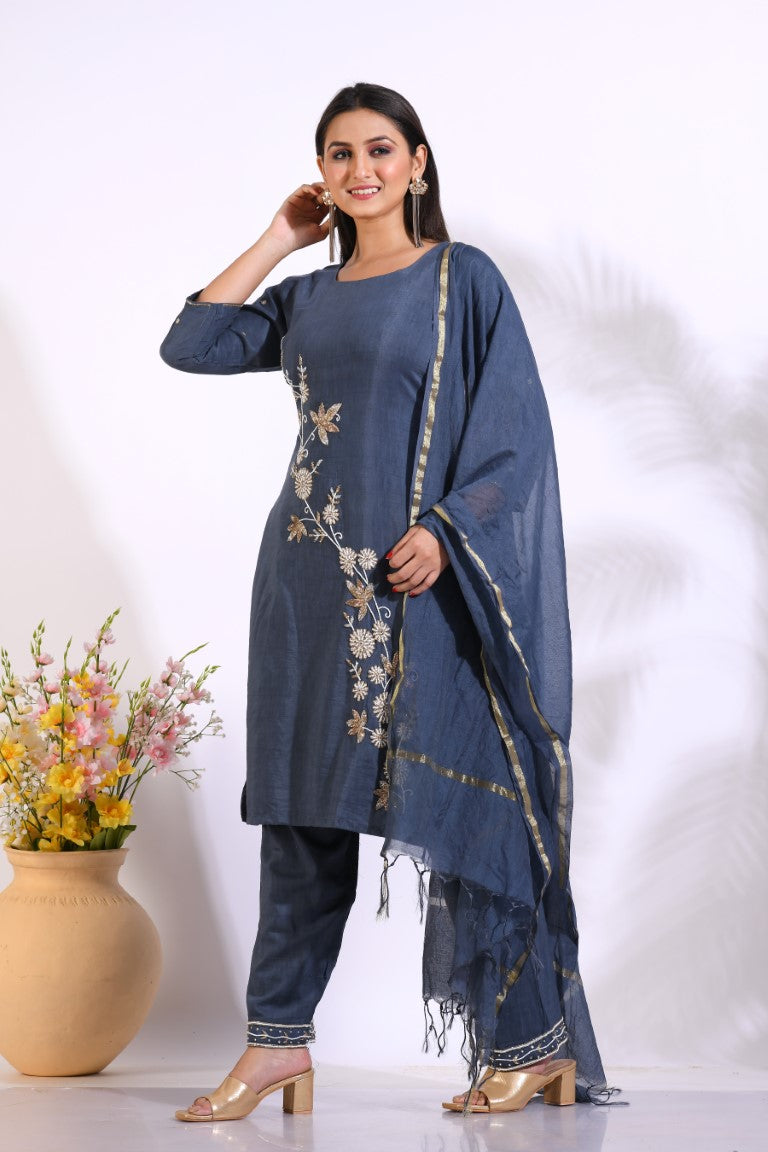 Morchari Long Top With Straight Paint & Hand Embroidery - Blue - Distacart