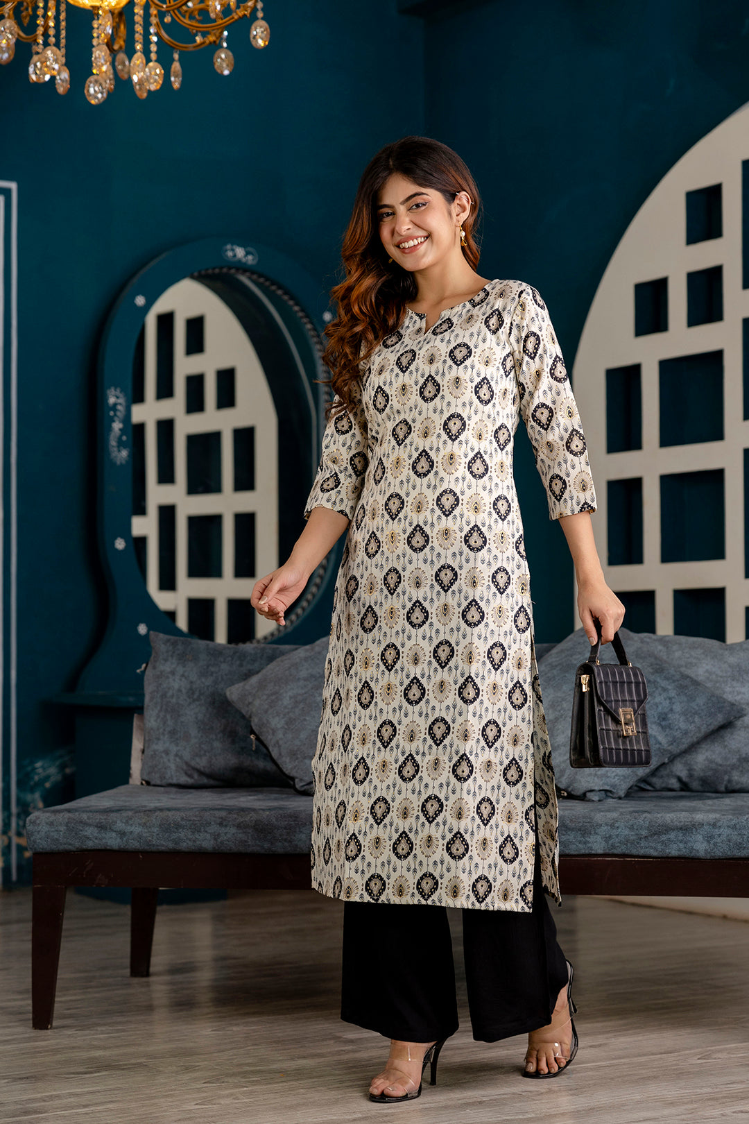 Women Off White and Black Printed Straight Kurta - Rasiya