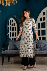 Thumbnail for Women Off White and Black Printed Straight Kurta - Rasiya