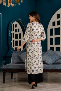Thumbnail for Women Off White and Black Printed Straight Kurta - Rasiya