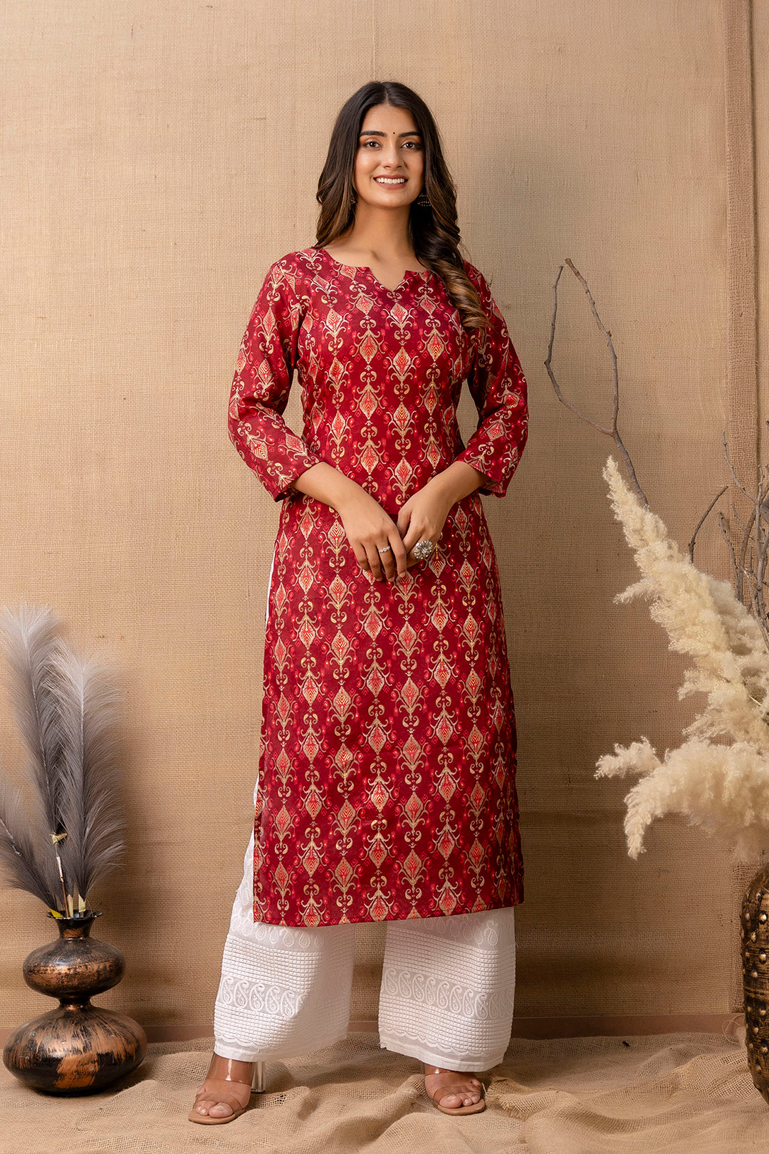 Women Maroon Printed Straight Kurta - Rasiya
