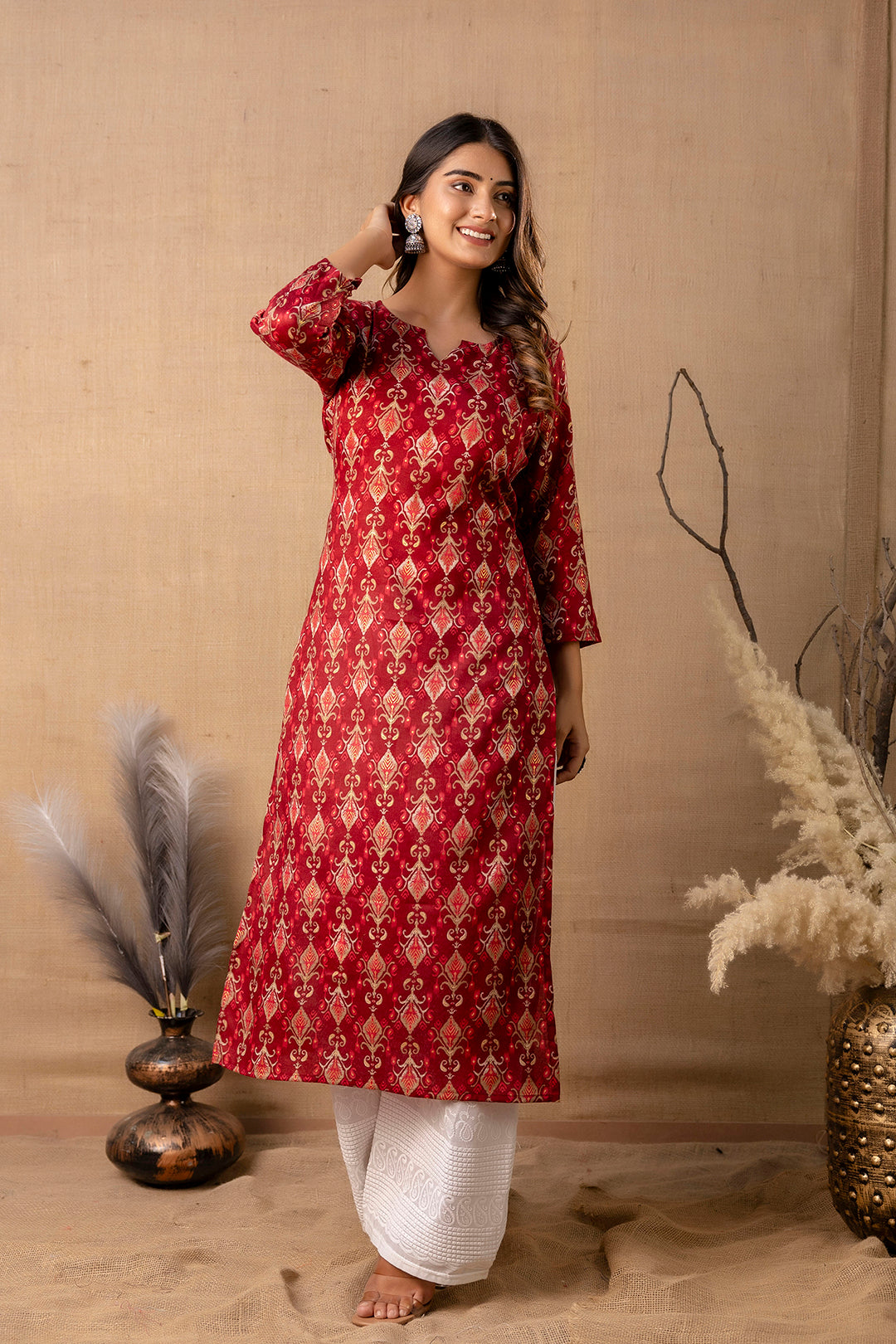 Women Maroon Printed Straight Kurta - Rasiya