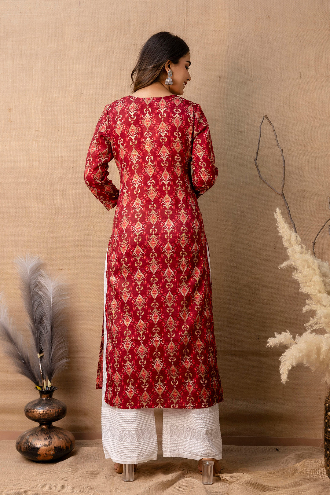 Women Maroon Printed Straight Kurta - Rasiya