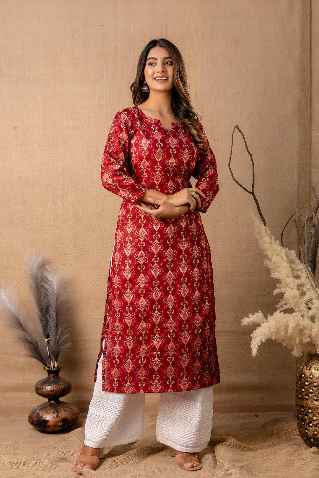 Women Maroon Printed Straight Kurta - Rasiya