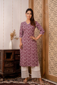 Thumbnail for Women Purple Printed Straight Kurta with Three Quarter Sleeves - Rasiya