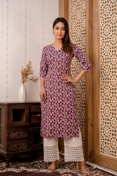Women Purple Printed Straight Kurta with Three Quarter Sleeves - Rasiya