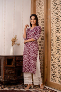 Thumbnail for Women Purple Printed Straight Kurta with Three Quarter Sleeves - Rasiya