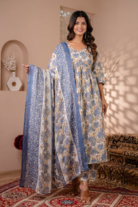 Thumbnail for Women Off White Floral Printed Anarkali Kurta And Trouser With Dupatta - Rasiya